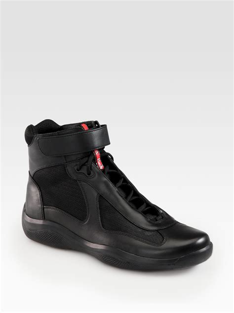 prada men s leather zip-side high-top sneakers in black|Prada black downtown shoes.